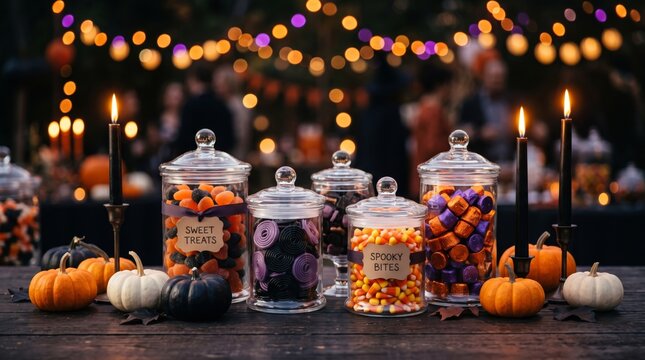 Halloween candy buffet with glass jars filled with sweets and pumpkins on wooden table. Festive spooky party decoration with glowing lights for celebration. Autumn holiday food decor