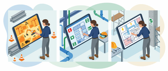 Fototapeta premium Isometric Professional Occupational Safety Technician Activity Scenes