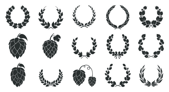 Wreaths and hop cones arranged in a monochrome set provide traditional botanical elements for branding and design.