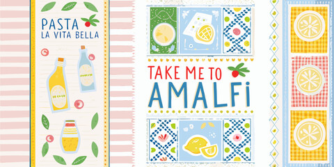 italian themed product labels vector illustration amalfi pasta lemon slices bottles stripes pattern design graphic food italy culture travel vacation summer beverage artwork © Bebdas