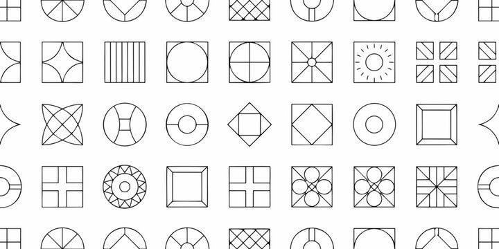 grid of minimalist geometric shapes on white background design layout abstract art simple forms black lines pattern symmetry circle square triangle ellipse diamond