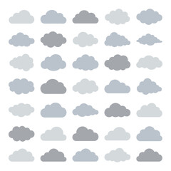 Fototapeta premium Collection of various gray clouds in different shapes and sizes on white background icon