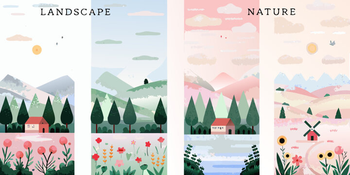 four vibrant landscape posters vector illustration poster nature mountains trees house windmill flowers sky clouds sunset scenic outdoor environment travel tourism artwork design