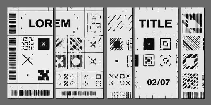 collection of six vertical monochrome posters featuring abstract patterns and text lorem title barcodes codes shapes lines dots grunge vector illustration graphic design