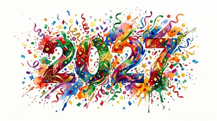 Obraz premium Colorful 2027 illustration with confetti and streamers. Abstract watercolor holiday celebration design. Festive greeting card element for New Year party invitation and creative banner