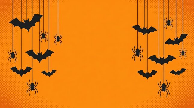 Hanging bats and spiders silhouettes decorate this festive orange background for creative holiday party invitations