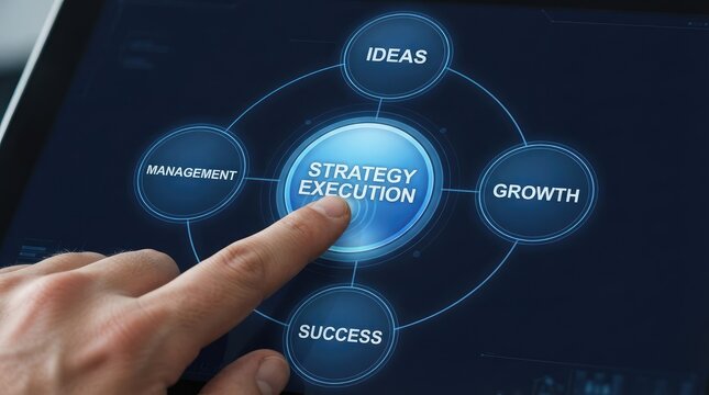 Finger selecting strategy execution centered in business concept diagram on digital screen with Success high tech digital interface execution surrounded interconnected