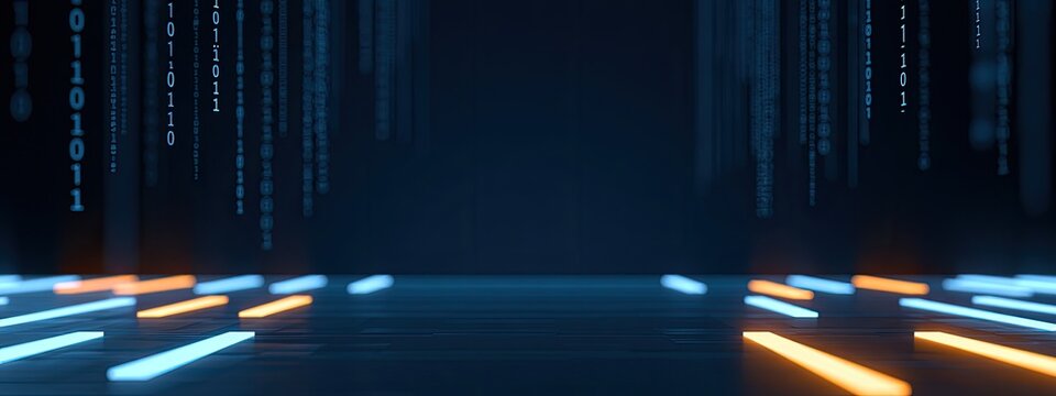 Digital rain of binary code descends on glowing futuristic floor