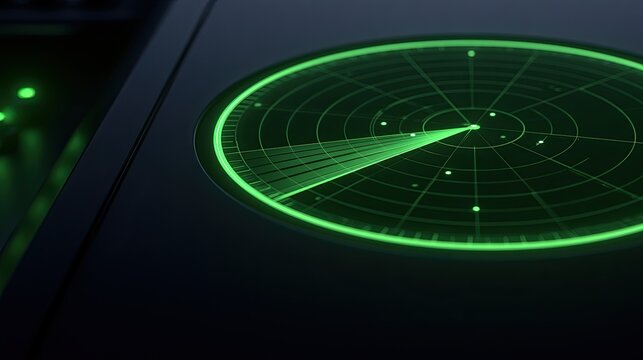 Close up of a green radar screen displaying dots and a sweeping beam