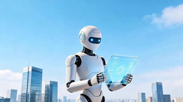 Robot holding transparent tablet in city
