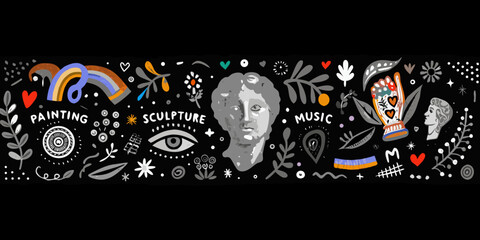 art exhibition banner with colorful illustrations on black background painting sculpture music icons symbols rainbow heart leaf eye vector graphic design culture creativity © Bebdas