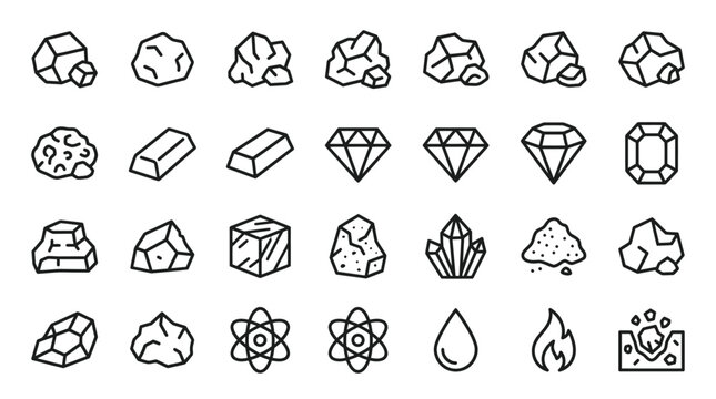 A comprehensive collection of outline style mineral and gemstone icons featuring raw stones diamonds precious gems crystals and chemical elements