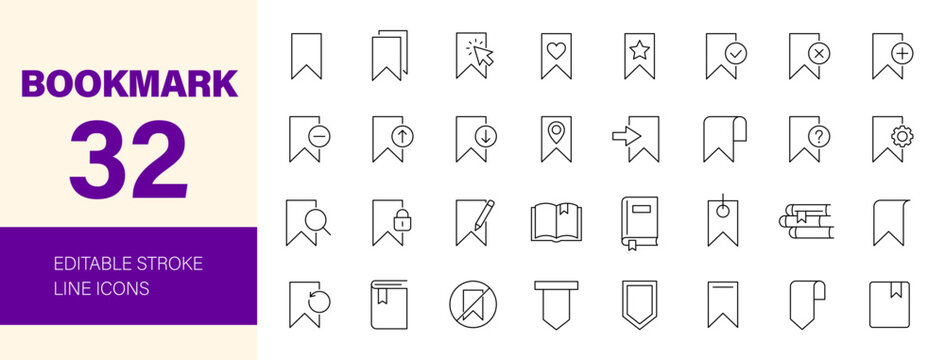 Bookmark icon set. Editable line icons. Vector illustration.