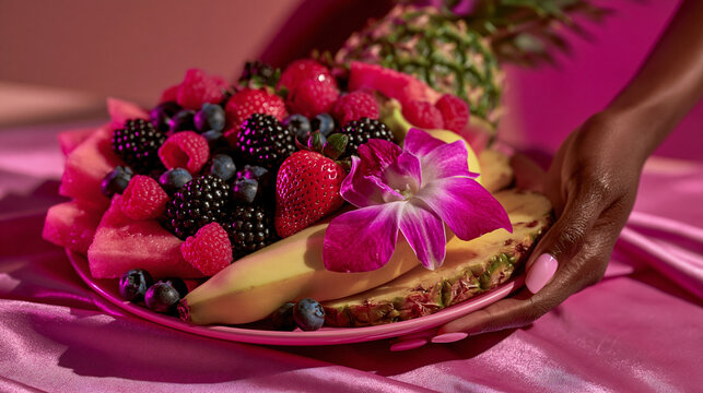 Fresh tropical fruit platter served by hand on pink background with pineapple, strawberry