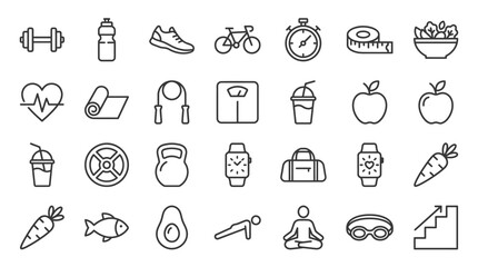 Fototapeta premium Fitness icons collection provides a comprehensive set of linear symbols for health and wellness apps.