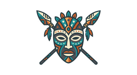 Fototapeta premium Tribal African Mask With Crossed Spears Icon On White Background