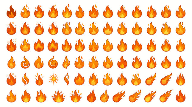Fire icons collection features various flames and spark shapes arranged in a clean grid pattern.