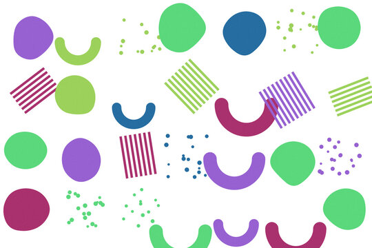 Abstract memphis style background with colorful geometric shapes and patterns on a solid black backdrop
