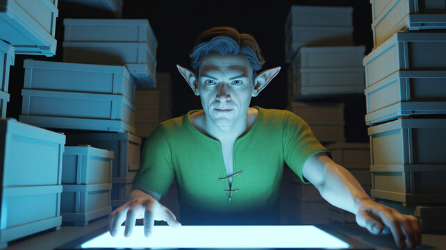 3D elf working in digital warehouse with screens and boxes