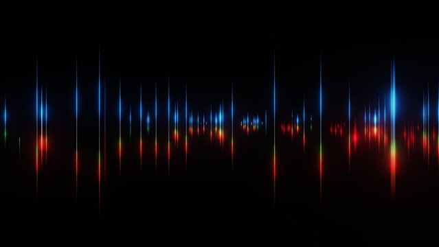 Abstract black background with an audio equalizer wave of colorful glowing vertical neon laser lights