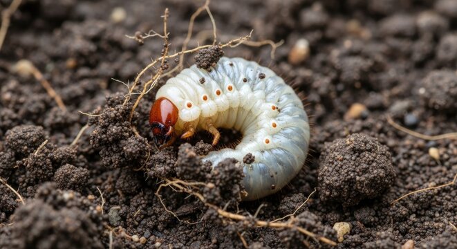 White grub larva crawling through dark soil