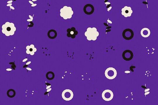 Seamless pattern with cute hand drawn flowers and leaves on a solid purple background