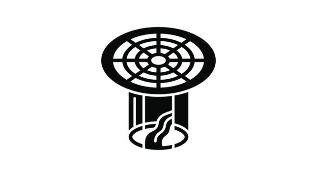 Floor drain silhouette with radial grate and pipe black on white silhouette