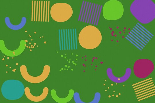 Abstract background with colorful geometric shapes and patterns on a solid green backdrop for modern design