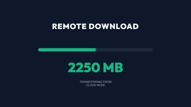 Remote download progress bar, dynamic loading animation with increasing percentage, cloud node transfer, symbolizing data transfer, online storage, and digital workflow