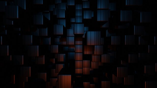 Abstract dark background with metallic cubic blocks illuminated by subtle blue and orange light textures