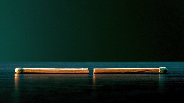 Two light wooden matchsticks placed opposite each other on dark reflective table against gradient dark green background minimalist still life conceptual photography