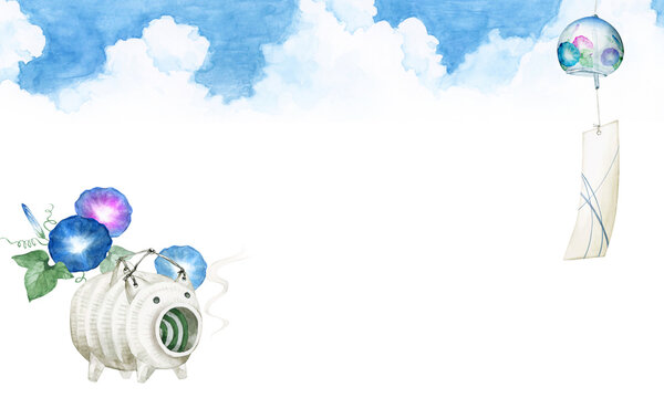 風鈴 朝顔 豚の蚊取り線香　背景 フレーム　水彩 イラスト