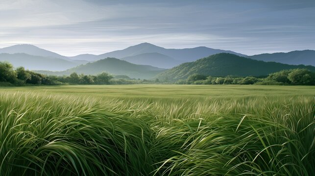 Wide green grass field in foreground with rolling forest covered mountains under soft cloudy morning sky shows calm peaceful beautiful natural countryside landscape