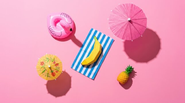 Summer vacation concept with flamingo floatie, beach umbrella, banana on striped towel and pineapple on pink background