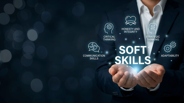 Businessman holding soft skills concept with icons for personal growth