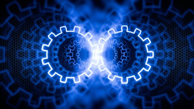 Abstract technology background with glowing blue neon gears over a dark hexagon mesh pattern grid