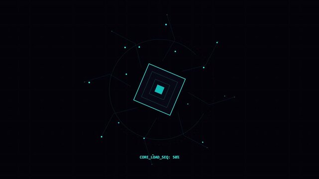 Futuristic digital cube rotating on dark background.