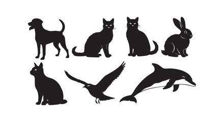 Fototapeta premium Animal silhouettes including dog cat rabbit bird and dolphin in various poses.