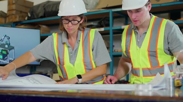 Industrial engineers analyze production documents and digital information during factory operations.