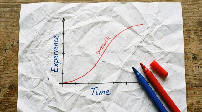 Handwritten graph showing exponential growth in professional experience over time drawn on white crumpled paper