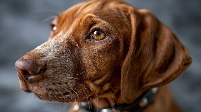 Portrait of vizsla dog head close up against gray background with short hair portrait domestic