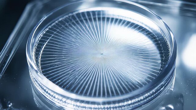 Macro closeup of blue laboratory petri dish with liquid patterns and radial lines.
