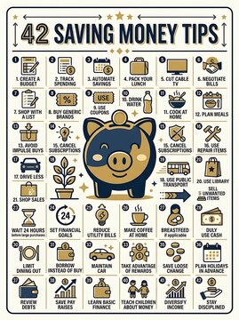 Infographic showing forty two effective money saving tips