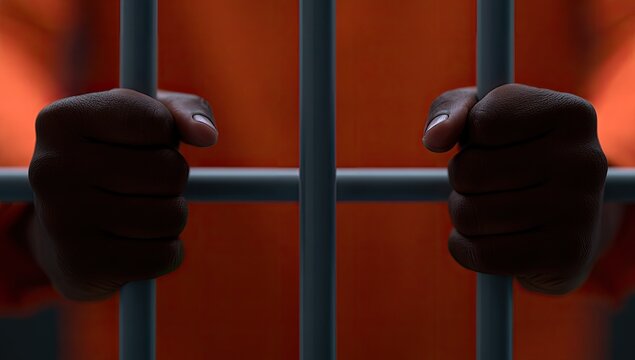Hands grasp prison bars, clad in orange jumpsuit, a stark symbol of confinement