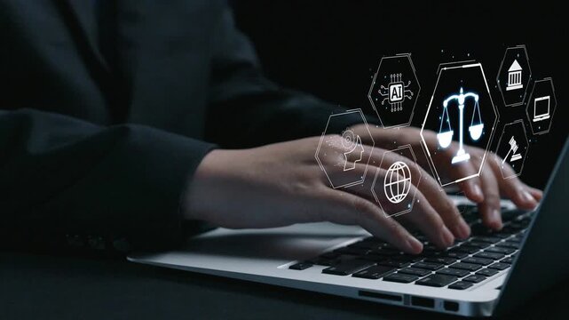 Futuristic digital law interface displaying justice scale, highlighting digital law, AI compliance, digital law systems, and digital law regulations for secure governance. Elide