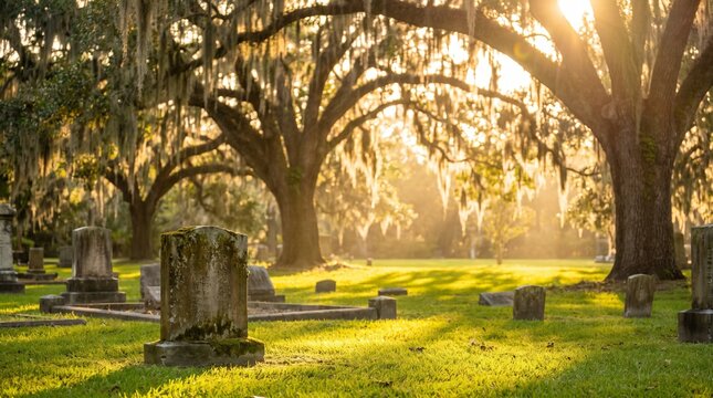 Sunlit gravestones beneath sprawling ancient oak trees within tranquil historic burial ground at golden hour with displays weathered stone sunset filtering