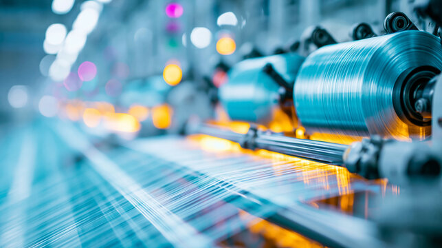 Textile machinery weaving fine threads in a modern industrial setting with bright lights and precise mechanical components.
