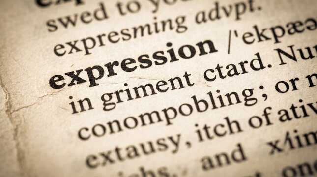 Macro close up view of the word expression printed on old yellowed dictionary paper with aged textured dictionary paper vintage typography presents detailed close