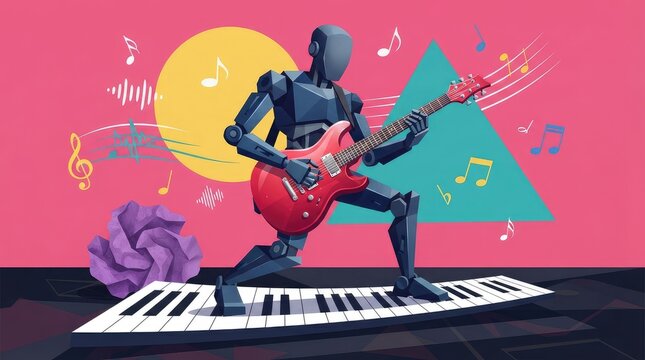 Futuristic robot playing electric guitar over piano keys with musical notes floating with keyboard surrounded vibrant stylized robot performing