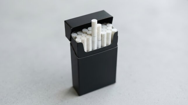 Open black cigarette pack with white cigarettes inside isolated on white background